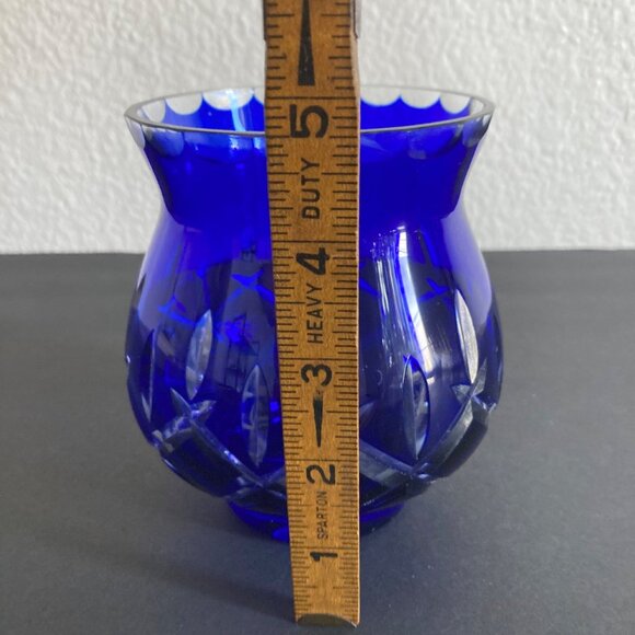 Bohemian Glass Cobalt Blue Cut to Clear Candle Holder Or Vase - Picture 6 of 7